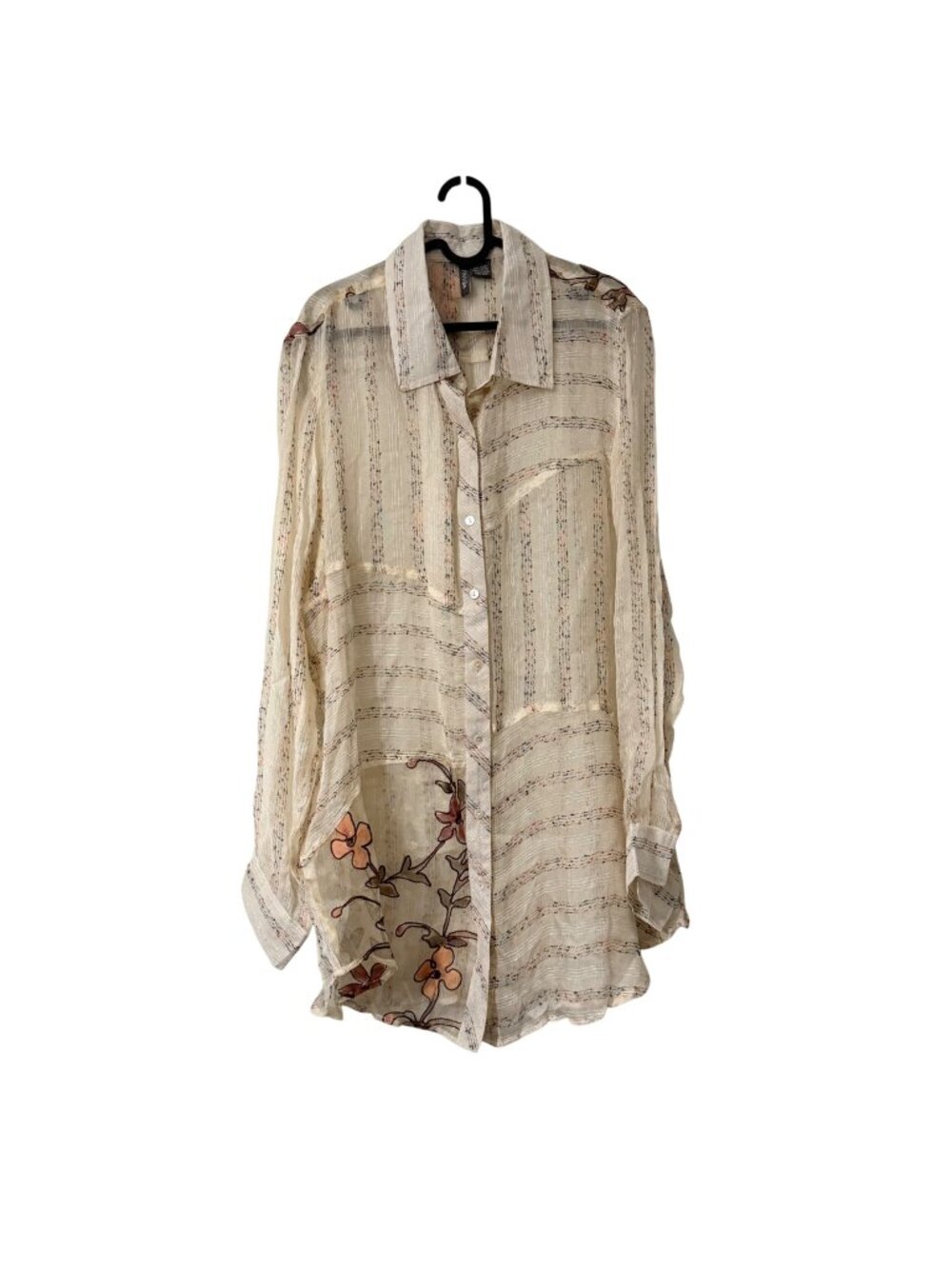 Anu Beige Multicolor Embroidered Sheer Artsy Tunic Shirt Womens Size XLarge